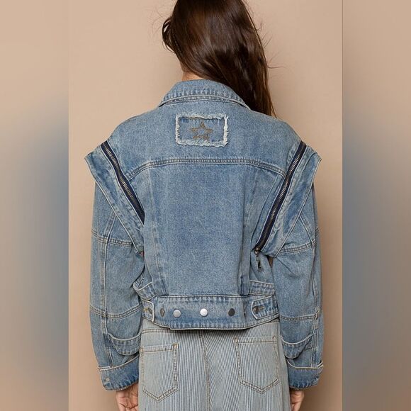 I'm Taken ⭐️POL Cropped Denim Zipper Accent Removable Sleeve Women's Jacket - Picture 6 of 7